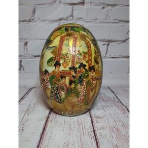 Vintage Satsuma 7" Ceramic Egg Hand Painted Geisha Gold Hilt Cloisonne Look